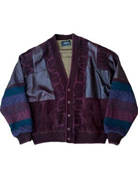 Vintage Saxony Men’s Large Leather Knit Sweater 90’s Coogi Vibe Patchwork RARE